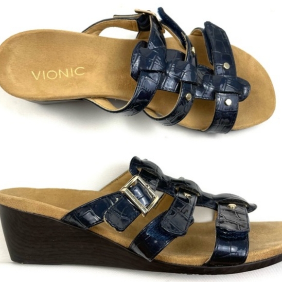 Vionic by Orthaheel Radia Blue Croc Embossed Wedge Sandals Size 9 Medium NWOT - Picture 2 of 11